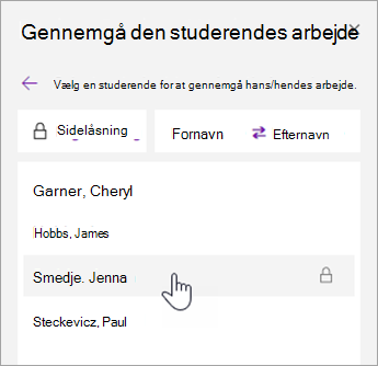 Skærmbillede af navnesortering.