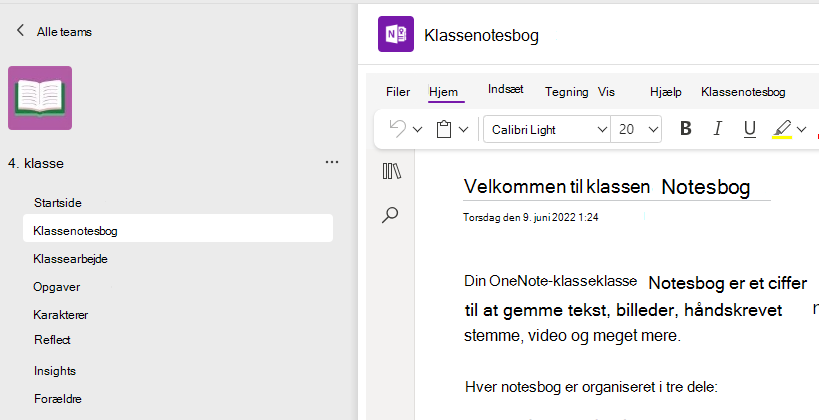Skærmbillede af konfiguration af klassenotesbog.