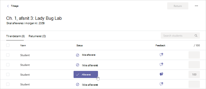 Markøren peger på knappen Afleveret i en valgt opgave i Microsoft Teams.