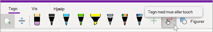 skærmbillede af fanen Tegning i OneNote til Windows 10 med musen, der holdes over knappen Tegn med mus eller touch
