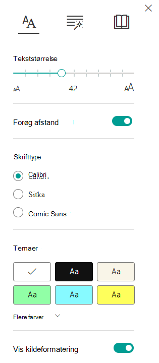 Skærmbillede af tekstindstillinger.