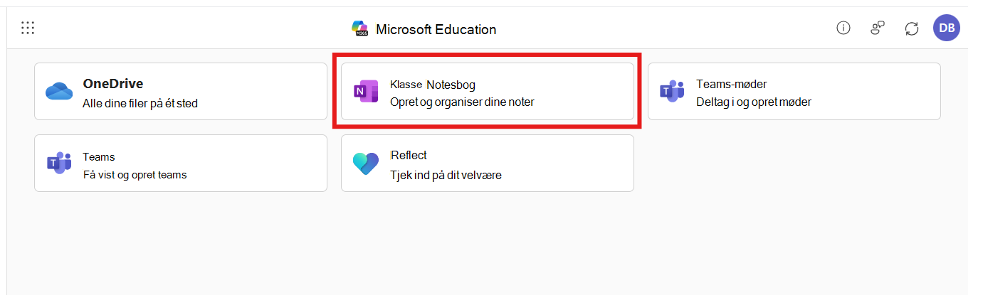 Skærmbillede af appen Microsoft 365 LTI med Klassenotesbog markeret