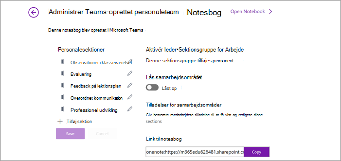 Skærmbillede af siden til administration af indstillinger for Medarbejdernotesbog i OneNote.