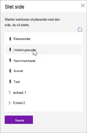 Vælg den studerendes sektion med den side, du vil slette.