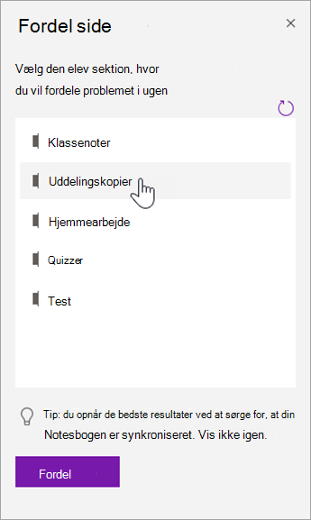 Vælg en elevsektion i ruden Distribuer side.
