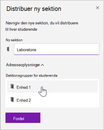 Vælg en sektionsgruppeplacering.