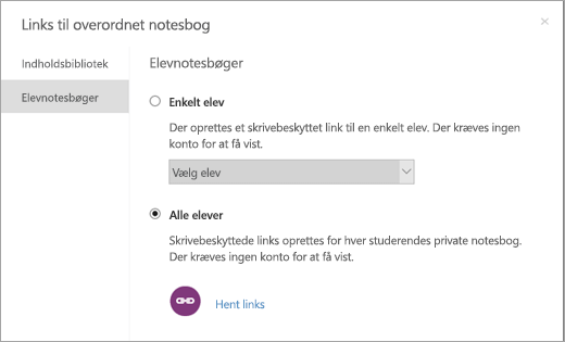 Opret skrivebeskyttede links til individuelle studerendes notesbøger.