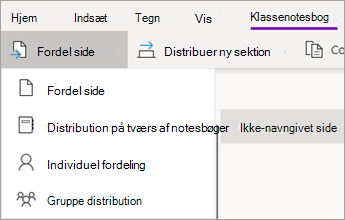 Knappen Distribuer side med rulleliste med handlinger.