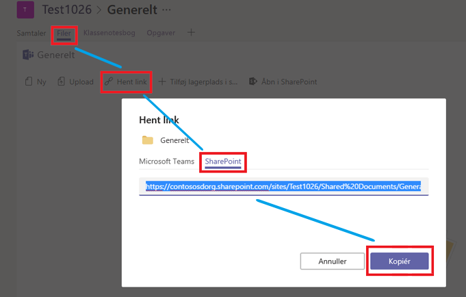 Klik på Files, derefter Hent link, derefter SharePoint og derefter Kopiér