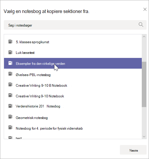 Vælg en notesbog at kopiere sektioner fra.