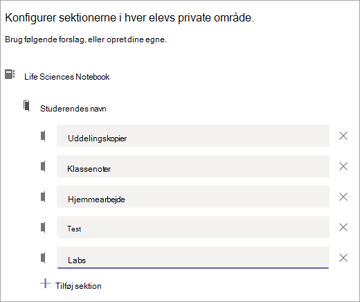 Konfigurer sektionerne i hver studerendes private rum.