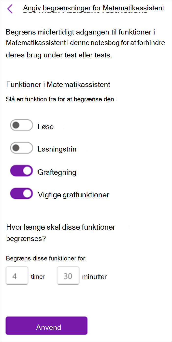 skærmbillede af matematikassistentpanelet for undervisere i klassenotesbogen. Herfra kan du aktivere eller deaktivere værktøjer i matematikassistenten, herunder løsningstrin, graffunktioner og funktioner til nøglediagrammer.
