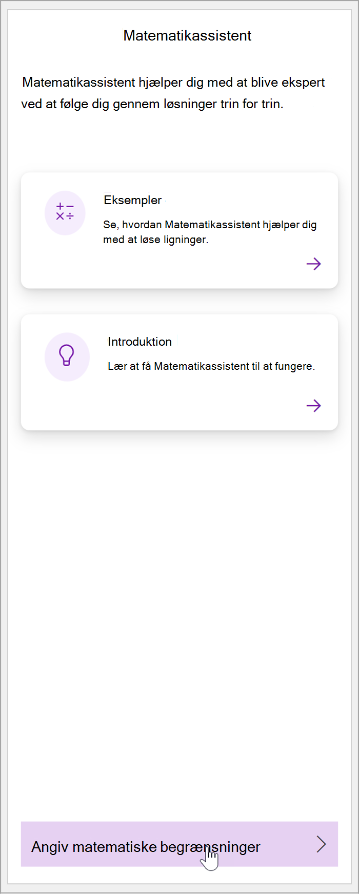 skærmbillede af matematikruden i OneNote. En markør holdes over knappen Angiv matematiske begrænsninger