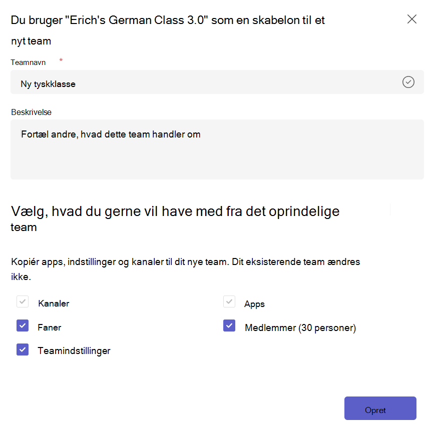 Skærmbillede, der viser, hvordan du opretter et nyt team ud fra en eksisterende teamskabelon, og vælg indhold, der skal kopieres.