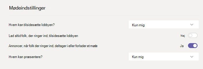 Mødeindstillinger i Teams.