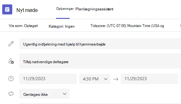 Skærmbillede af nyt møde.