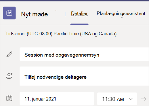 Skærmbillede, der viser formularen Nyt møde i Teams med felter for titel, deltagere, dato og klokkeslæt.