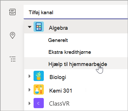 Skærmbillede, der viser, hvordan du vælger teamkanal for din klasse.