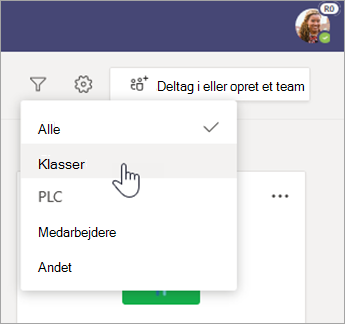 Filtrer teamtyper.