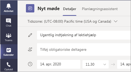 Skærmbillede, der viser, hvordan du giver dit møde en titel.