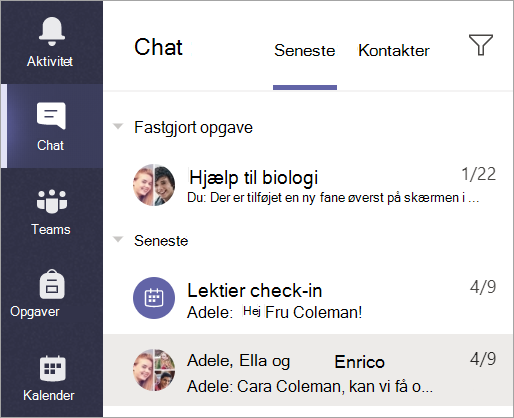 Skærmbillede, der viser, hvordan du vælger Chat på applinjen.
