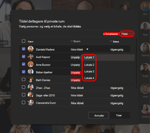 Billede, der viser, hvordan du vælger private rum til deltagere.