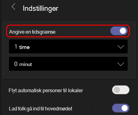 Billede, der viser, hvordan du angiver tidsgrænse for private rum.