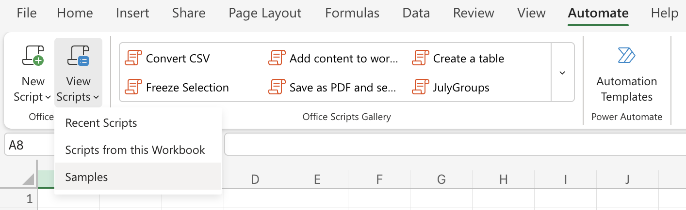 Vælg Automatiser for at se indstillingerne for Office-scripts.
