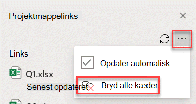 Kommandoen Afbryd alle kæder i ruden Administrer kæder.
