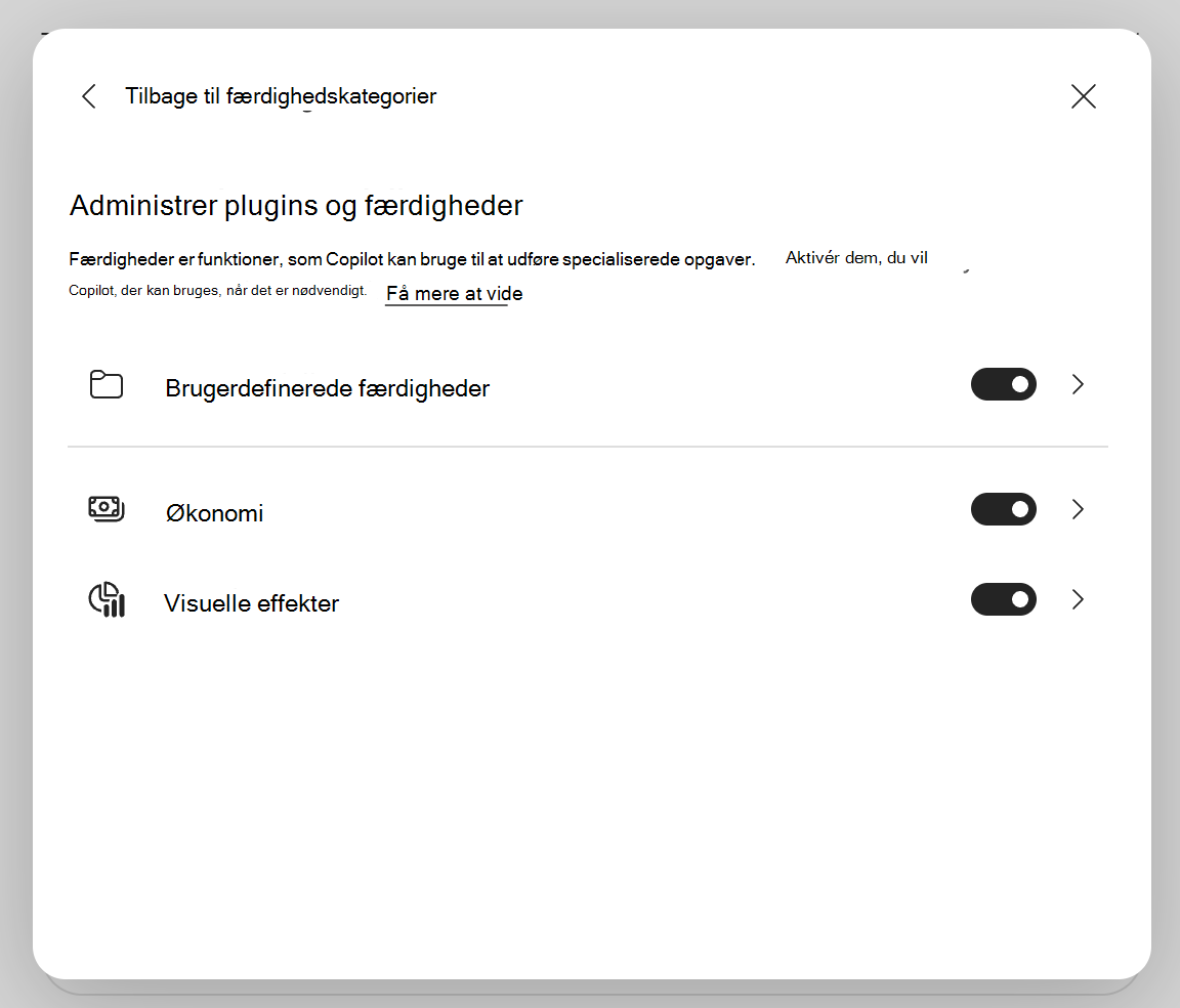 Skærmbillede af Copilot i Excel Dialogboksen Administrer plugins & færdigheder.