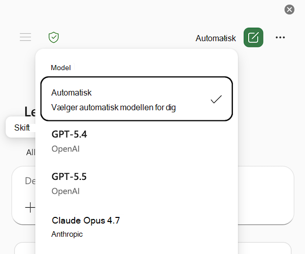 Skærmbillede af Menuen Copilot i Excel-modelvælger, hvor Auto er valgt.