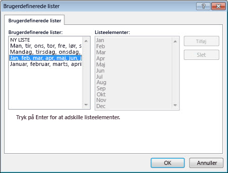 Dialogboksen Brugerdefinerede lister