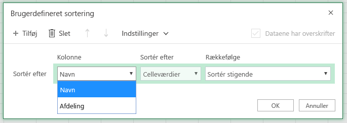 Dialogboksen Brugerdefineret sortering med sortér efter rækkekolonne er markeret i kolonnen Navn