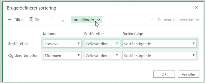 Dialogboksen Brugerdefineret sortering med alternativknappen valgt