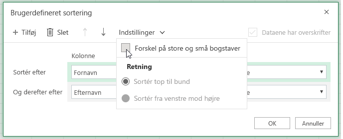 Dialogboksen Brugerdefineret sortering, når Forskel på små og store bogstaver er valgt