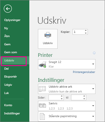 Klik på Udskriv filer > for at se en udskrift af regnearket