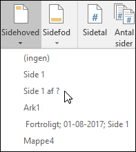 Indbyggede indstillinger for sidehoved & sidefod