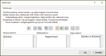 Dialogboksen Konfiguration af Brugerdefineret sidehoved