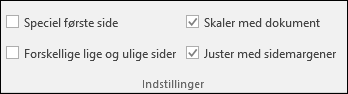 Indstillinger for Sidehoved og sidefod under fanen Design på båndet
