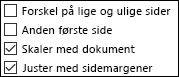 Indstillinger for sidehoved og sidefod i dialogboksen Sideopsætning