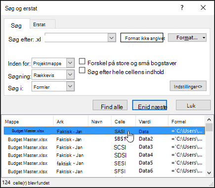 Dialogboksen Søg og erstat