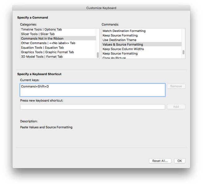 Tastaturtilpasninger for Excel til Mac