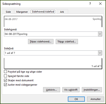 Sideopsætning > Indstillinger for sidehoved og sidefod