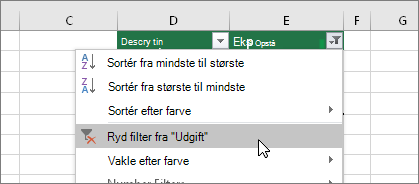 Menuen Filtrer, Ryd filter fra ...