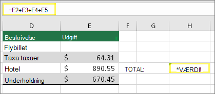 Celle H4 med formlen =E2+E3+E4+E5 og resultatet #VALUE!