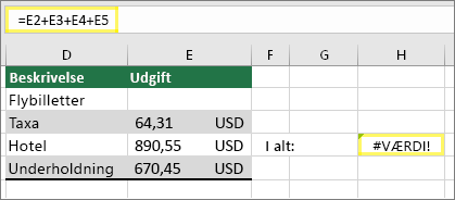Celle H4 med =E2+E3+E4+E5 og resultatet #VALUE!