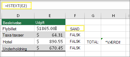 Celle F2 med =ER.TEKST(E2) og resultatet SAND