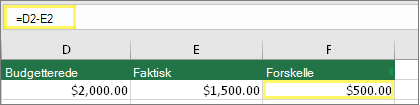 Celle D2 med 2.000,00 USD, celle E2 med 1.500,00 USD, celle F2 med formlen: =D2-E2, og resultatet 500,00 USD