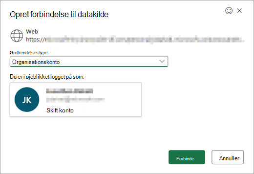 Viser vinduet Opret forbindelse til datakilde med en rulleliste, hvor du kan vælge godkendelsestypen.