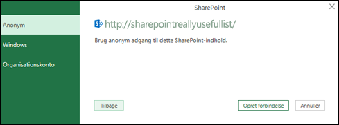 Excel Power Query opret forbindelse til en SharePoint-listeforbindelsesdialog